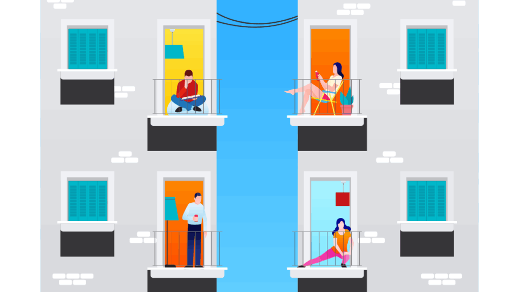 Illustration of family members occupying individual apartments symbolizing property division under a joint Hindu family partition deed with cash consideration.