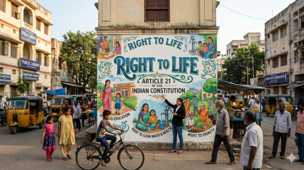 Illustration of Article 21 Right to Life in India showing fundamental rights like dignity, education, and clean water in criminal jurisprudence context